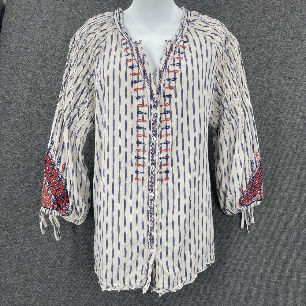 Sundance Button Front Blouse Womens XL White Blue Embroidered Flowy Boho Top